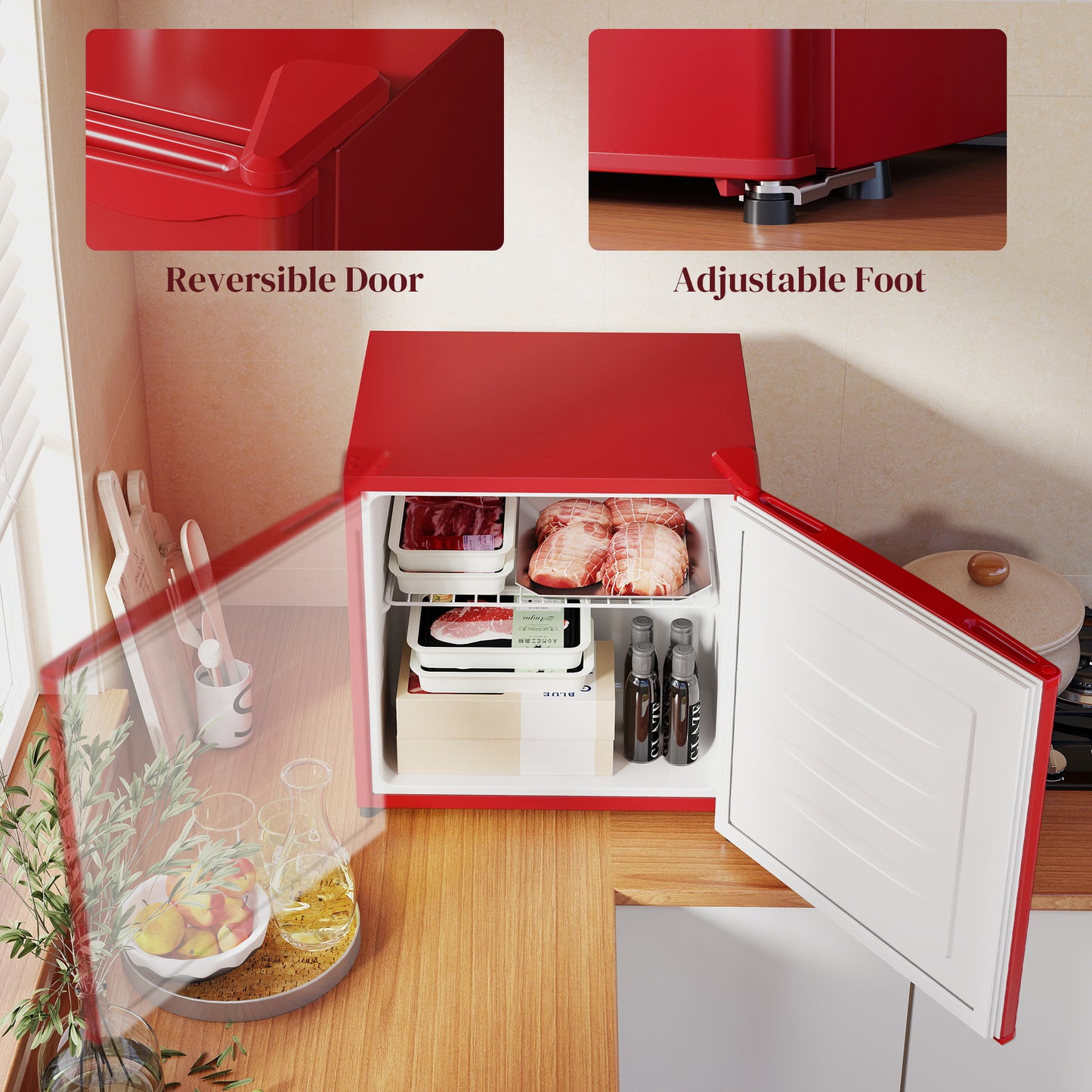 Mini Freezer, Compact Upright Freezer With Removable Shelves, Red