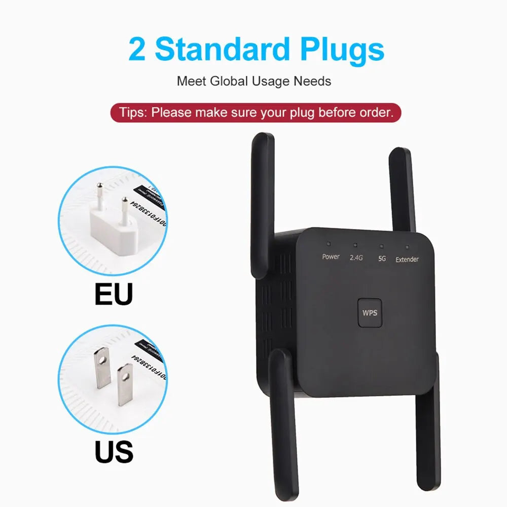 5Ghz AC1200 Wifi Repeater 1200Mbps Router Black Wifi Extender Amplifier 2.4G/5Ghz Wi-Fi Signal Booster Long Range Network