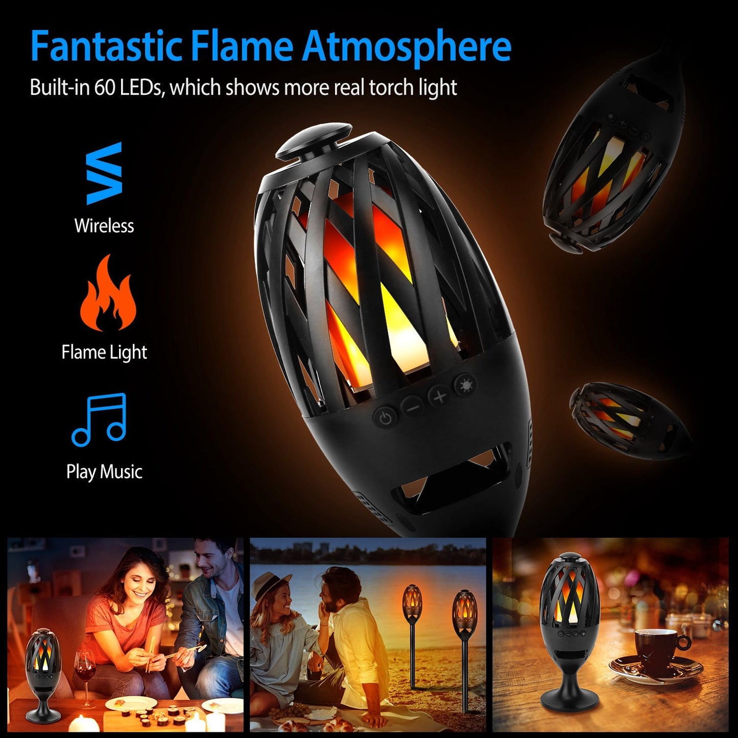 LED Flame Speakers Torch Wireless Speaker Waterproof Stereo Bass Speaker Outdoor Light-Up Speaker Atmosphere LED Flickers Night Light Patio Stake Lights Lantern For Party Camping