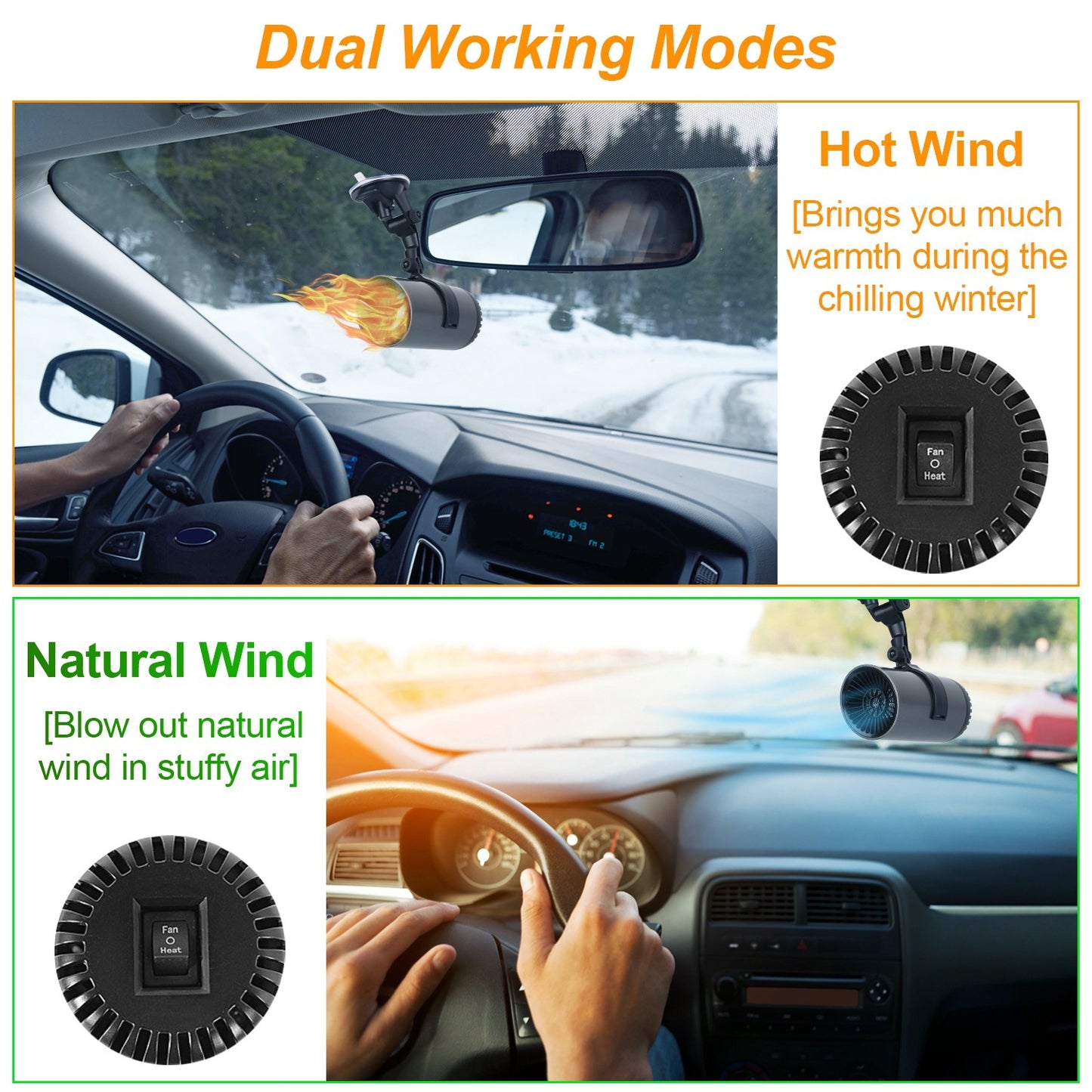 Portable Car Heater 2 In 1 Heating Cooling Fan Rotatable Demister Defroster With 4.92ft Cord