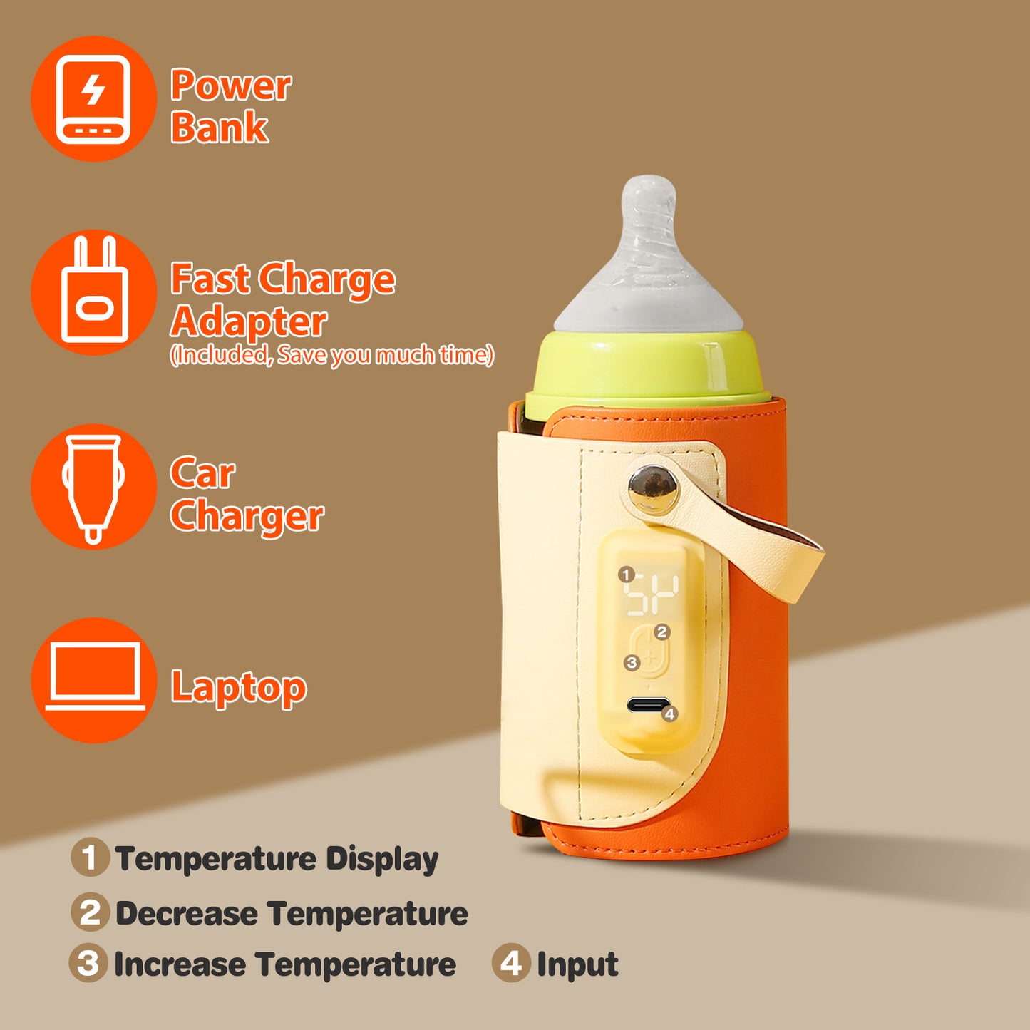 Portable Baby Milk Warmer 5 Temperature Adjustable Handhold Bottle Warmer With Fast Charge Adapter For Outdoor Car Travel