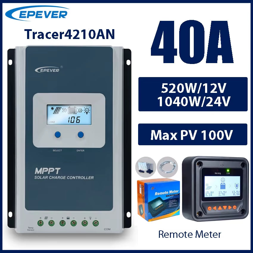 40A MPPT Solar Charge Controller 12V/24V Battery Voltage Max Solar Panel 100V Regulator with LCD Data Remote Monitor