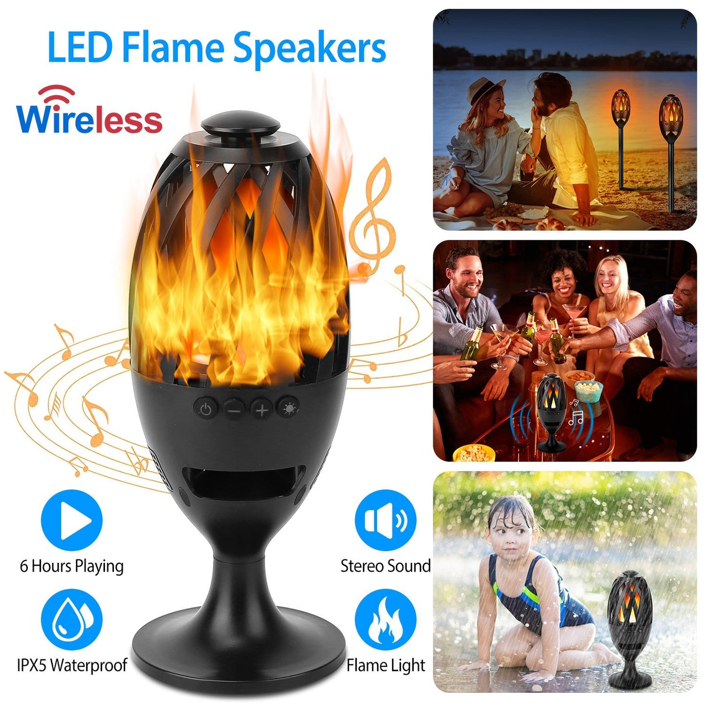 LED Flame Speakers Torch Wireless Speaker Waterproof Stereo Bass Speaker Outdoor Light-Up Speaker Atmosphere LED Flickers Night Light Patio Stake Lights Lantern For Party Camping