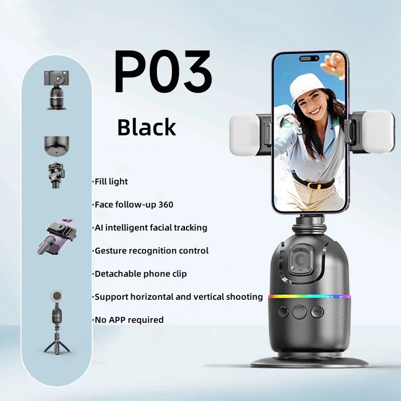 AI P03 Auto Face Tracking Gimbal – 360° Rotation, Phone Stabilizer & Tripod in One for Smooth Video & Vlogging