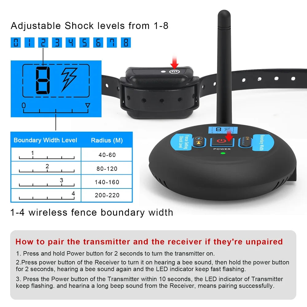 200M Rechargeable Wireless Dog Fence System with IP68 Waterproof Collar and Transmitter, Featuring Beep and Shock Training Modes