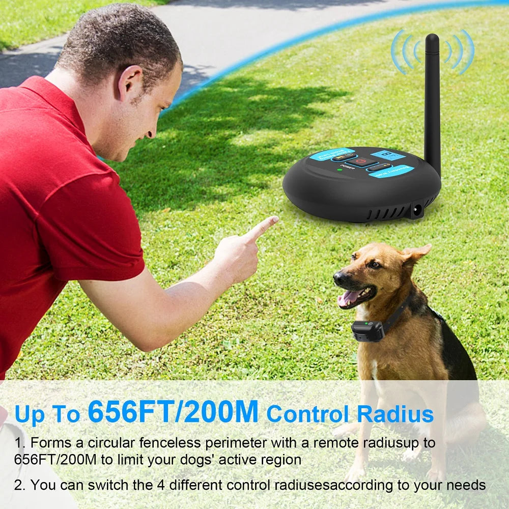 200M Rechargeable Wireless Dog Fence System with IP68 Waterproof Collar and Transmitter, Featuring Beep and Shock Training Modes