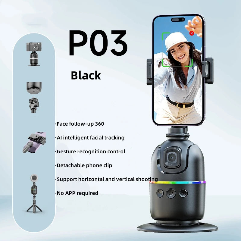 AI P03 Auto Face Tracking Gimbal – 360° Rotation, Phone Stabilizer & Tripod in One for Smooth Video & Vlogging