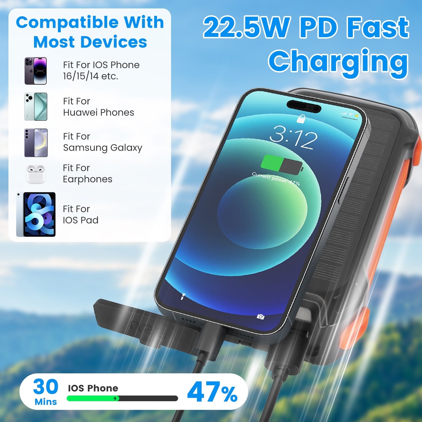 Portable Solar Charger 49800mAh Power Bank External Battery Pack 22.5W PD Fast Charging Built In 4 Cables 15W Wireless Charging LED Flashlight For Camping Hiking Picnic Travel