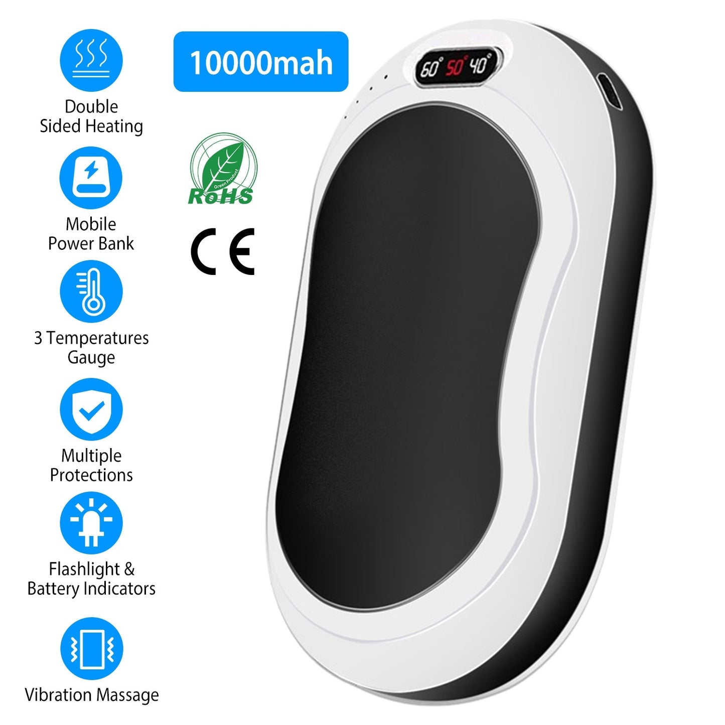 Portable Hand Warmer Power Bank Rechargeable Pocket Warmer Double-Sided Heating With Flashlight 3 Temperature Adjustment