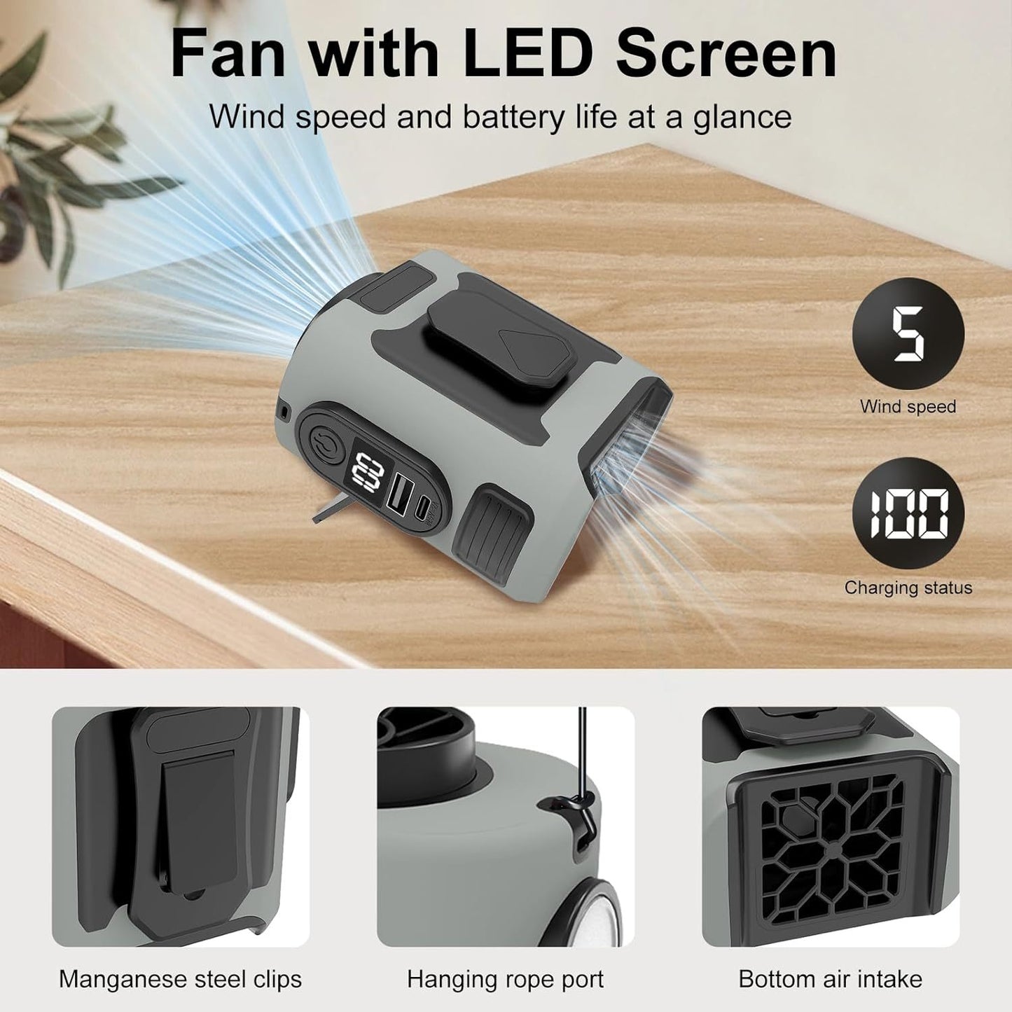 Portable Waist Fan, Clip On Wearable Belt Personal Fan, Rechargeable Battery Powered, With 5 Speed Levels And A Flashlight, Suitable For Outdoor Camping And Traveling Gray