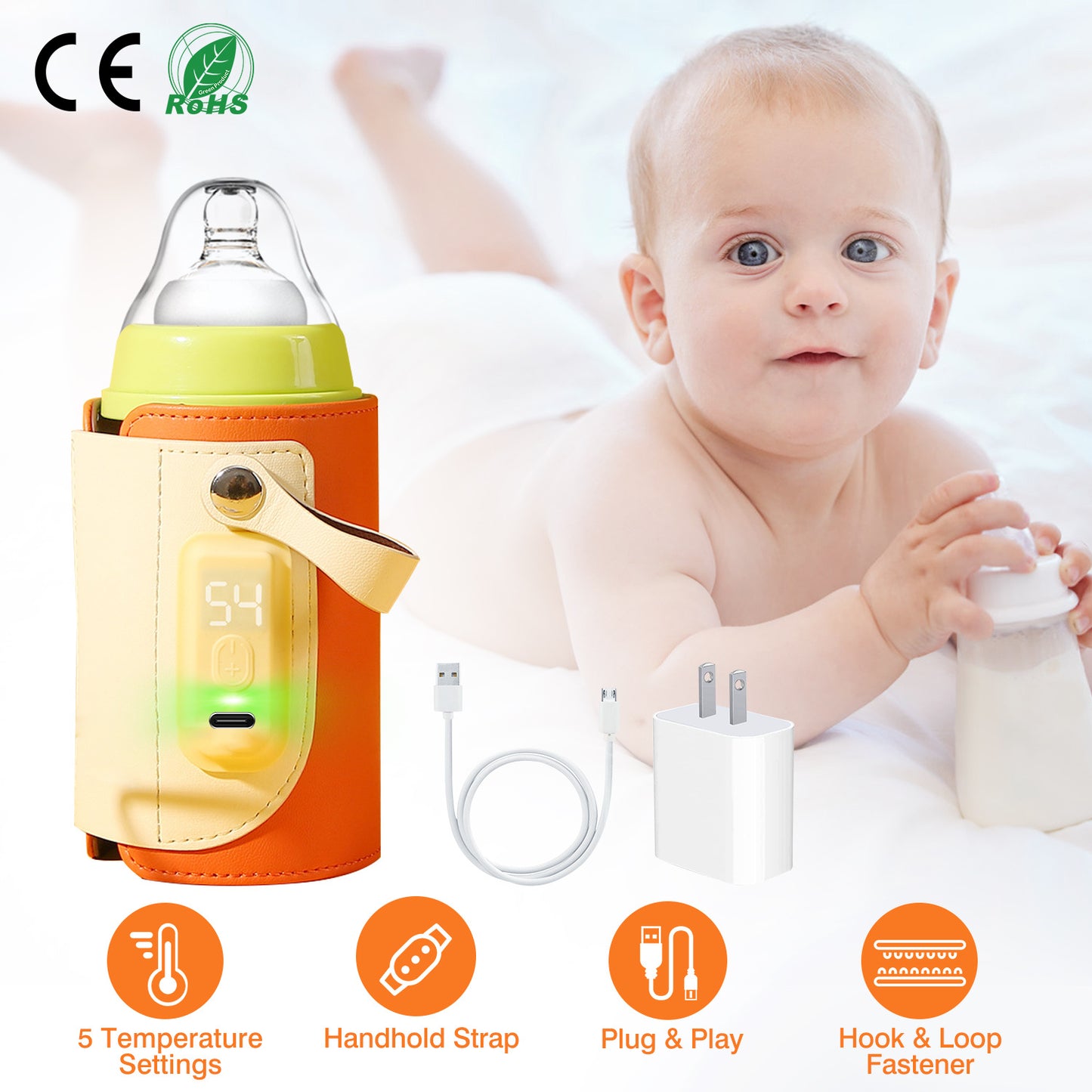 Portable Baby Milk Warmer 5 Temperature Adjustable Handhold Bottle Warmer With Fast Charge Adapter For Outdoor Car Travel