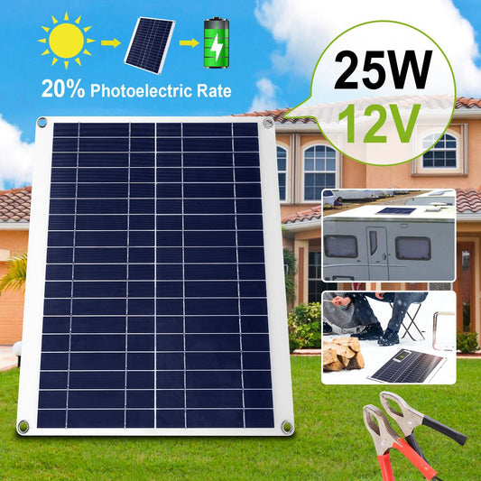 Outdoor Solar Panel 12V 25W Car Battery Charger IP68 Waterproof With 3.0A Dual USB Charging Clip Line For RV Car Boat