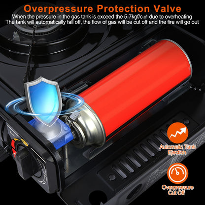 Portable Camping Stove Butane Canister Dual Fuel Burner Piezo Electric Ignition Single Burner With Automatic Tank Ejection Overpressure Cut Off Carry Case For Camping Hiking Picnic Fishing B