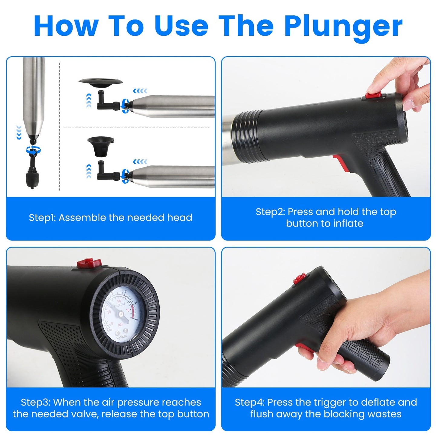 Electric Toilet Plunger High Pressure Air Plunger Air Drain Blaster Drain Clog Remover With Real Time Pressure Display For Toilets Bathroom Floor Drain Kitchen Sinks Plumbing Clogs