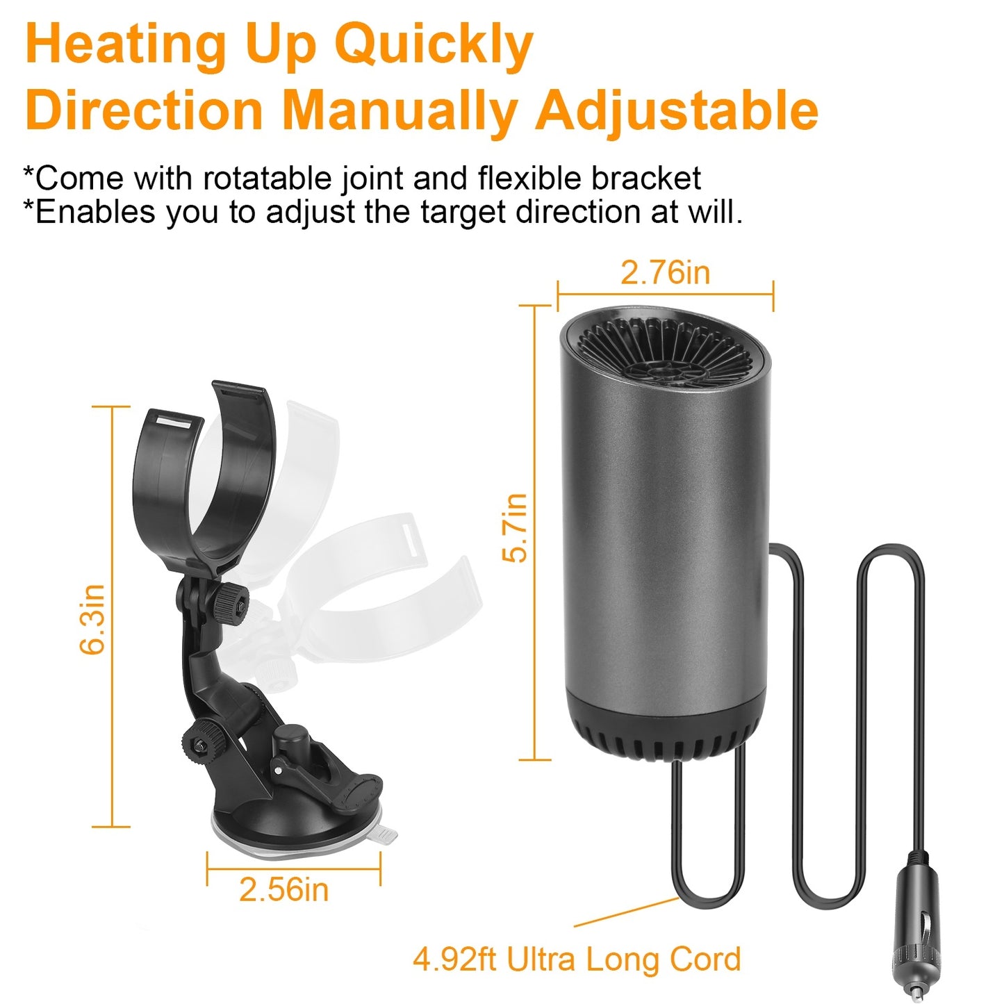 Portable Car Heater 2 In 1 Heating Cooling Fan Rotatable Demister Defroster With 4.92ft Cord