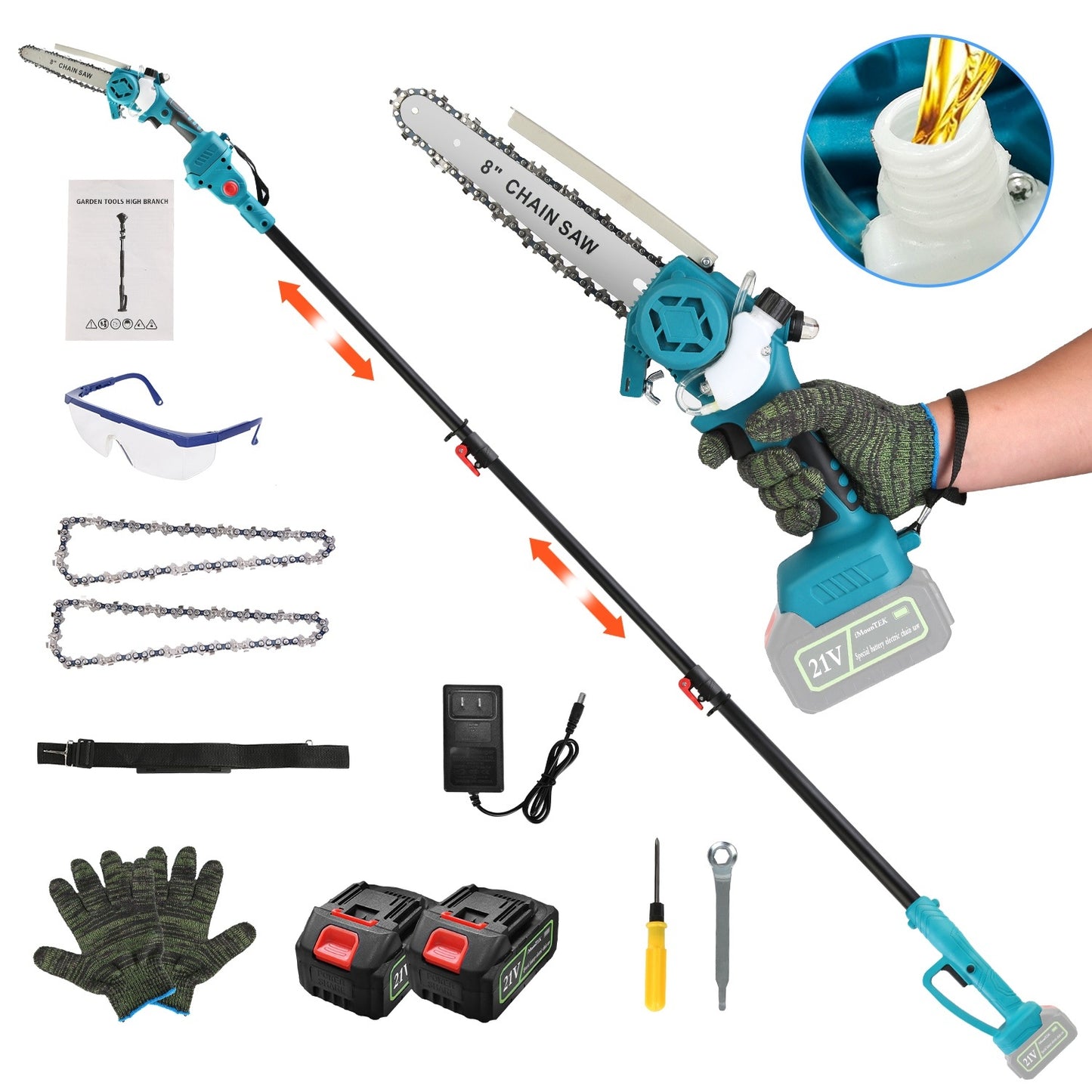 2 In1 Cordless Pole Saw And Mini Chainsaw With Extension Pole 21V Battery 8in Electric Brushless Pole Chainsaw With Auto Oiler Safety Switch 6.4LBS Lightweight For Tree Trimming