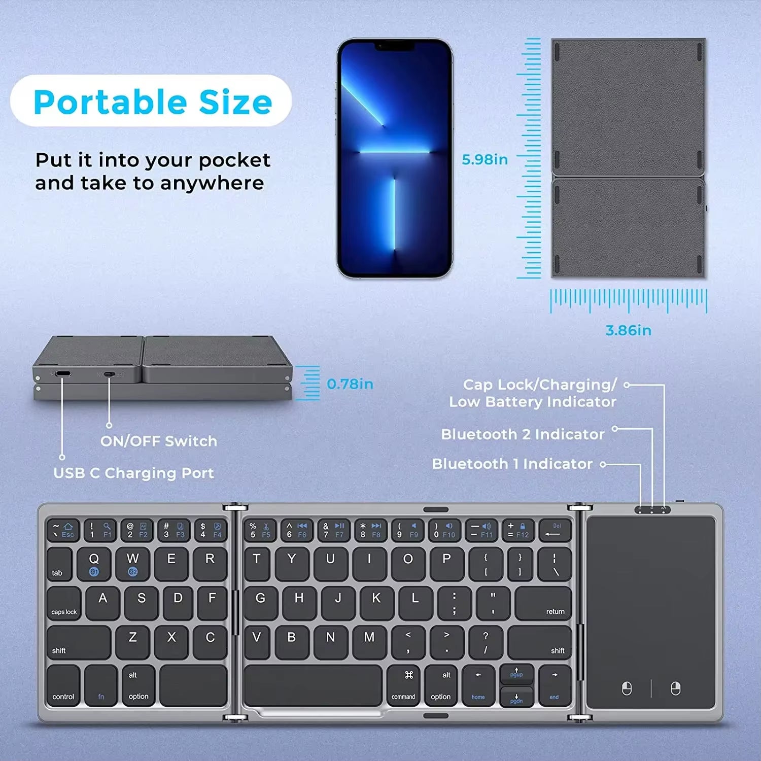 Rechargeable Battery Touchpad IOS Android Windows Mac OS Mini Portable Wireless Foldable Keyboard for Phone PC