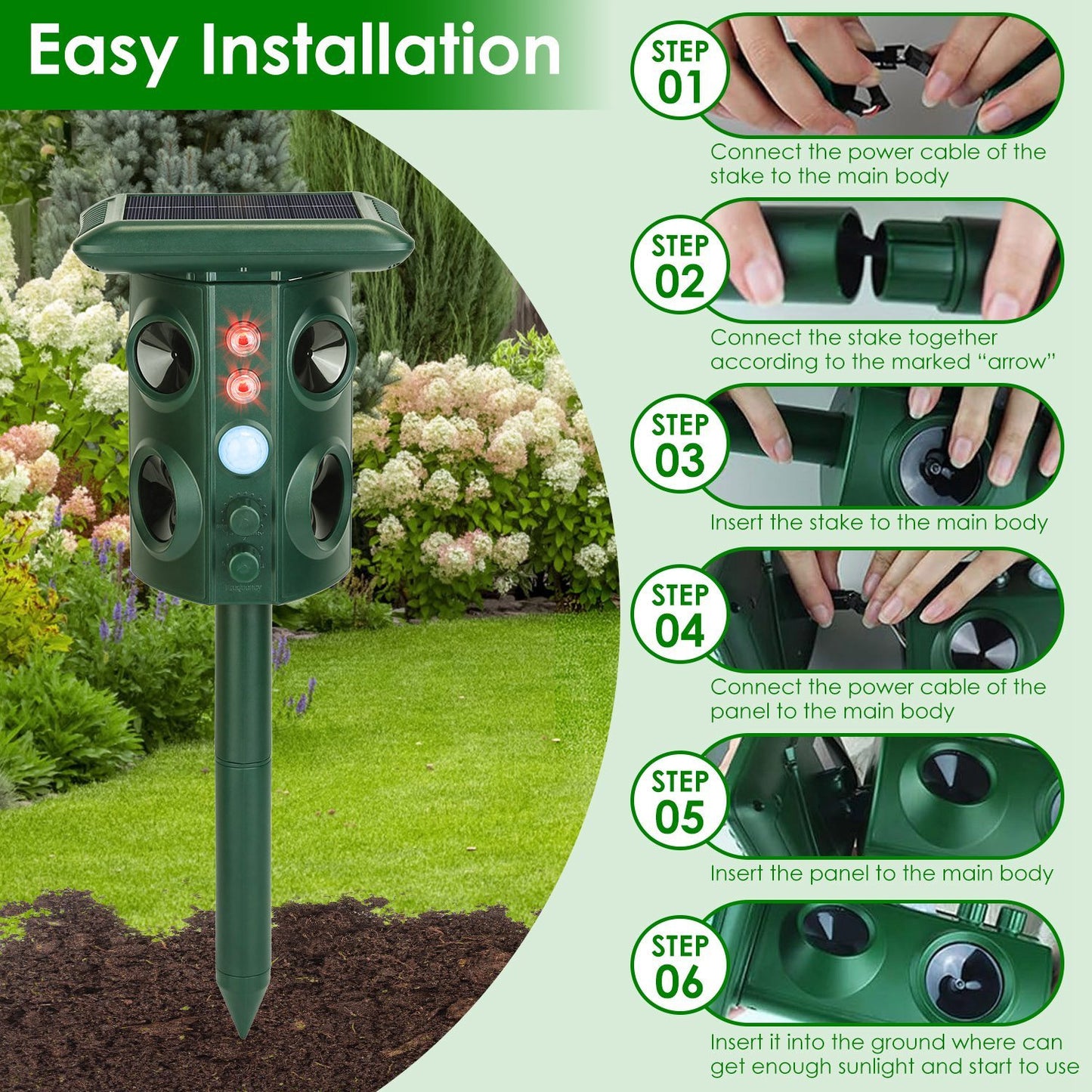 Solar Ultrasonic Animal Repeller Solar Powered Animal Repellent Chaser With PIR Motion Sensor IP54 Waterproof Sound Flashing Light For Deer Raccoon Squirrel Mice Snakes Cat Dog