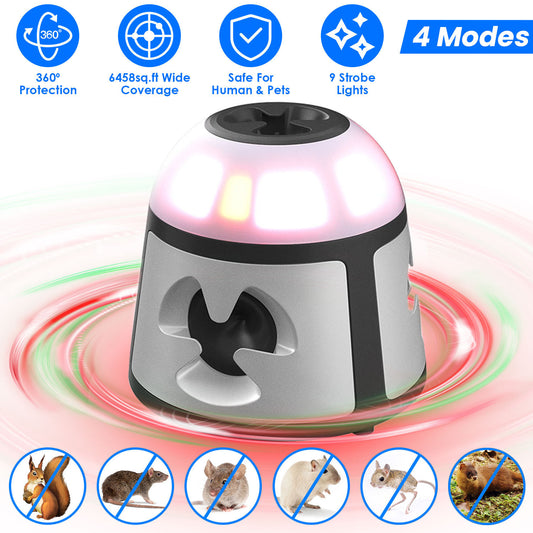 360 Degree Ultrasonic Mice Repellent Indoor Rodent Repeller Rat Squirrel Rodent Control Device With 4 Modes 9 Strobe Lights Alarm Horn For Kitchen Warehouse