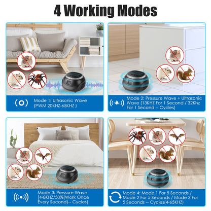 Ultrasonic Rodent Chaser Rat Repellent Pest Driver Mouse Control Squirrel Repeller With 4 Modes 4-65KHz Strobe Light 4 Timer 1292sq.ft. Coverage For Rodent Mouse Rats Squirrels Bats