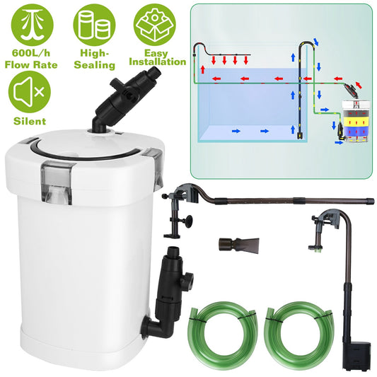 3-Stage External Canister Filter For Aquarium Fish Tank With 600L-H Flow Rate 35.4in Max Height 6W Easy Installation Silent