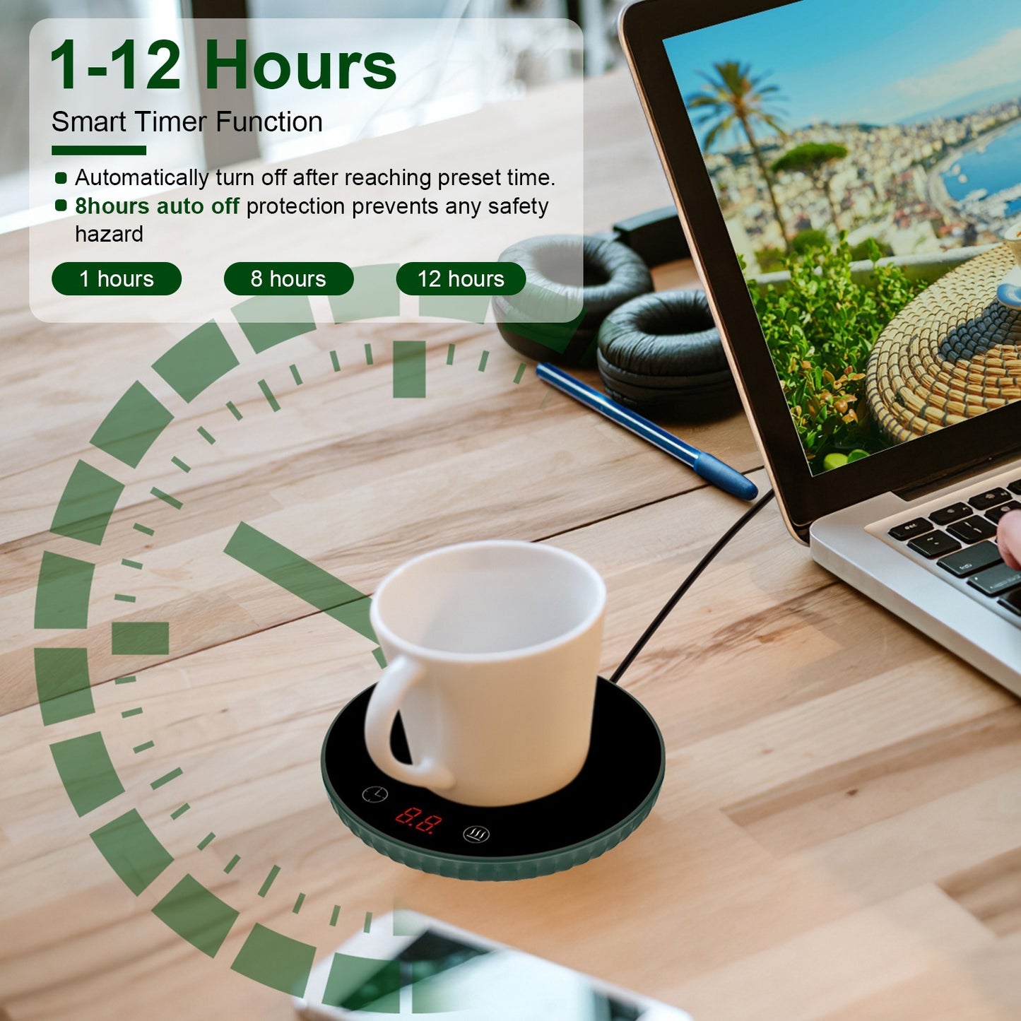 Desktop Electric Cup Warmer 8Hours Auto Off Overheating Protection Smart Timer Setting 2 Temperature Levels Ceramic Heating Panel For Office Home