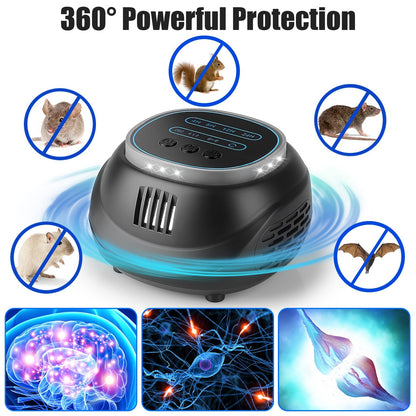 Ultrasonic Rodent Chaser Rat Repellent Pest Driver Mouse Control Squirrel Repeller With 4 Modes 4-65KHz Strobe Light 4 Timer 1292sq.ft. Coverage For Rodent Mouse Rats Squirrels Bats