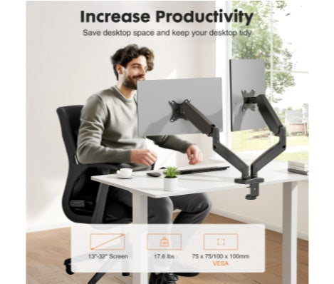 Dual Monitor Stand Arm, Gas Spring 2 Monitor Desk Mount Adjustable Height Swivel VESA Bracket With Clamp And Grommet Base Fits 13-32 Inch