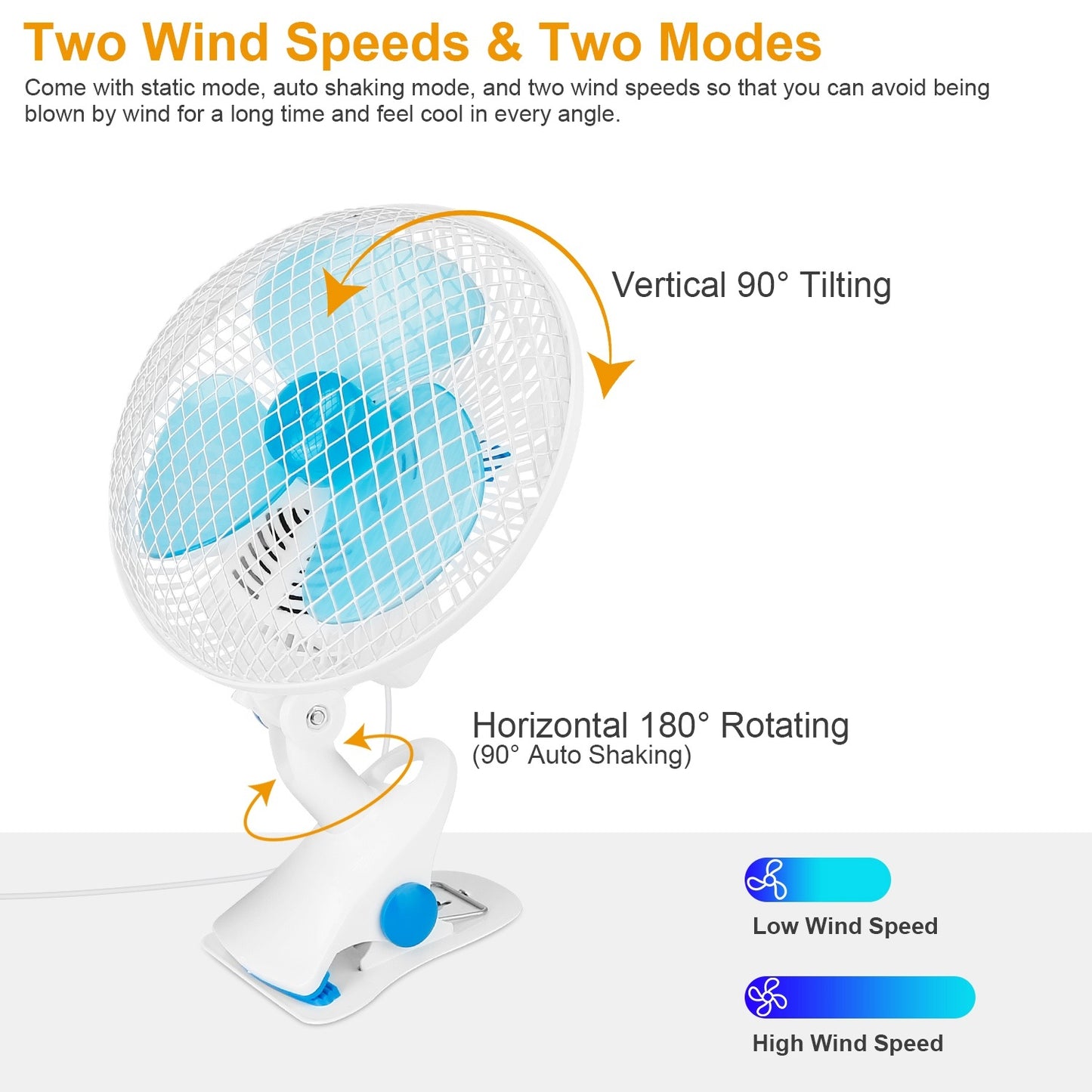 Clip On Fan 2 Speeds Quiet Clamp Fan Adjustable Tilt Auto Shaking Fan Wall Mount Personal Fan For Desk Office Home Baby Strollers Table Tops With 3.94FT Cord