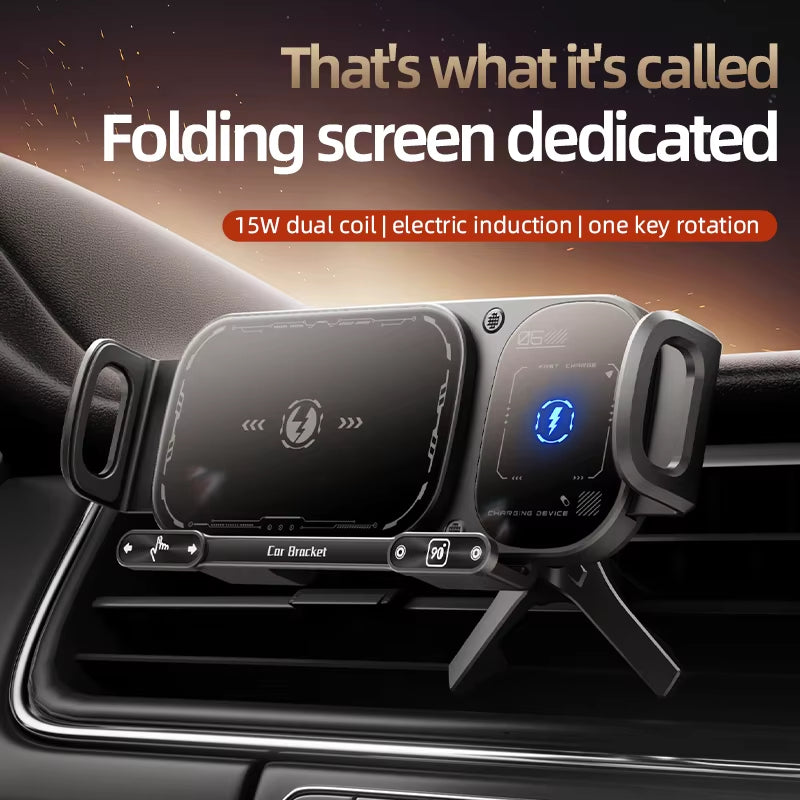 Electronic Gadgets Wholesale 15W Stable anti Shake 360 Rotation Folding Screen Car Wireless Charger Pad Phone Holder for Phone