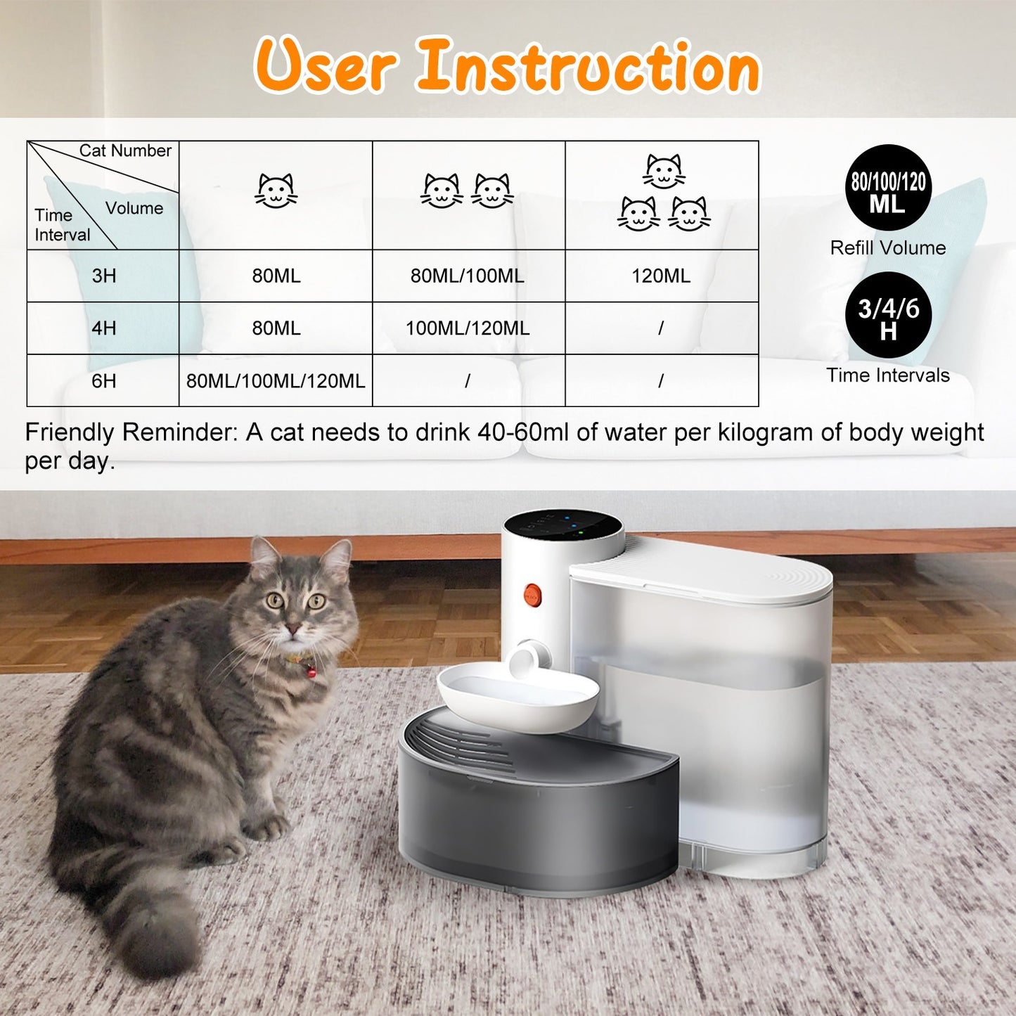 Smart Pet Water Fountain Automatic Cat Water Dispenser 3L Cordless Rechargeable Dog Water Fountain Self-Refill With 3 Adjustable Volume 3 Time Intervals Touch Control