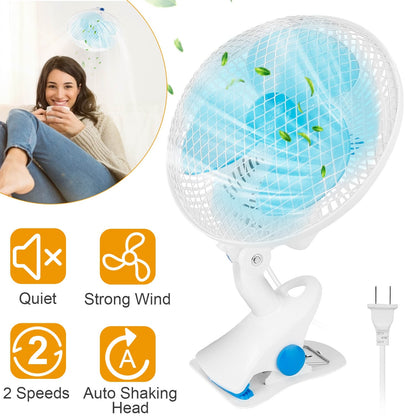 Clip On Fan 2 Speeds Quiet Clamp Fan Adjustable Tilt Auto Shaking Fan Wall Mount Personal Fan For Desk Office Home Baby Strollers Table Tops With 3.94FT Cord