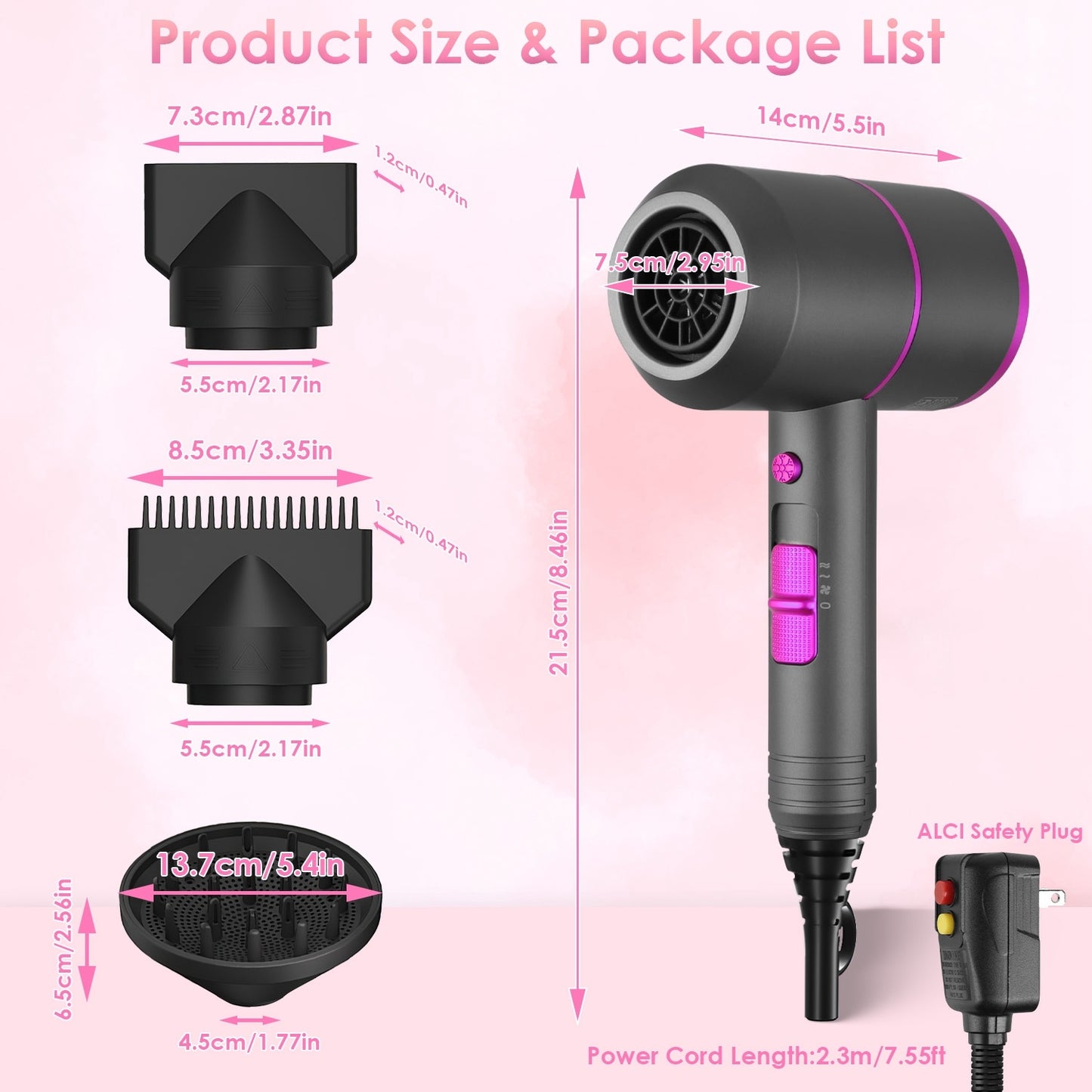 Hair Dryer Portable Compact Hair Blow Dryer With Cool Warm Hot Wind With Diffuser Concentrator Comb Nozzle ALCI Plug Overheat Protection For Women Man Straight Curly Hair