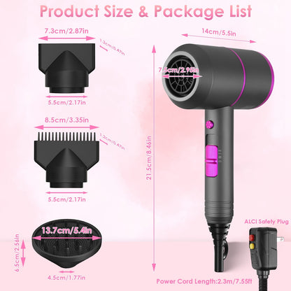 Hair Dryer Portable Compact Hair Blow Dryer With Cool Warm Hot Wind With Diffuser Concentrator Comb Nozzle ALCI Plug Overheat Protection For Women Man Straight Curly Hair