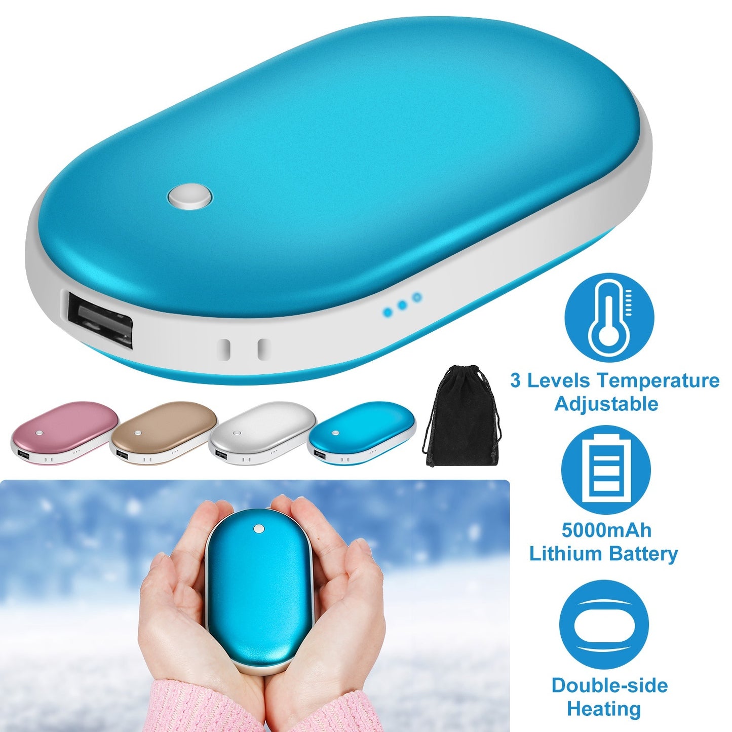 Portable Hand Warmer 5000mAh Power Bank Rechargeable Pocket Warmer Double-Sided Heating Handwarmer
