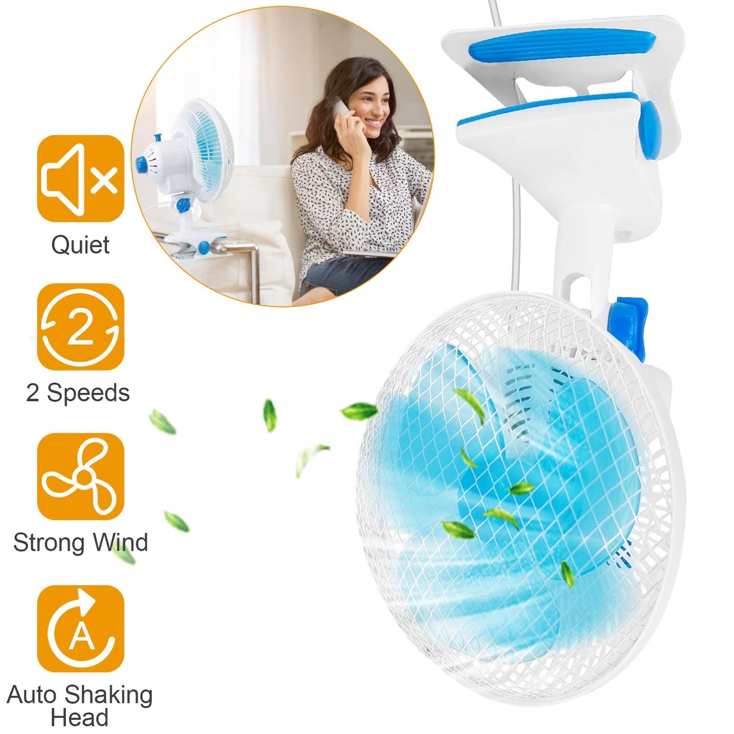 Clip On Fan 2 Speeds Quiet Clamp Fan Adjustable Tilt Auto Shaking Fan Wall Mount Personal Fan For Desk Office Home Baby Strollers Table Tops With 3.94FT Cord