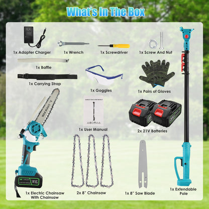 2 In1 Cordless Pole Saw And Mini Chainsaw With Extension Pole 21V Battery 8in Electric Brushless Pole Chainsaw With Auto Oiler Safety Switch 6.4LBS Lightweight For Tree Trimming