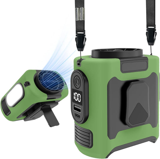 Portable Waist Fan, Clamp On Wearable Belt Personal Fan, Rechargeable Battery Powered, With 5 Speed Levels And Flashlight, Suitable For Outdoor Camping And Travel Army Green