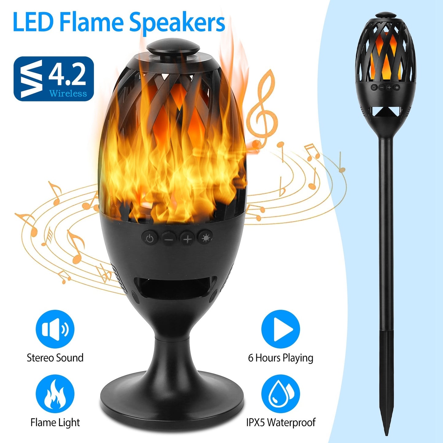 LED Flame Speakers Torch Wireless Speaker Waterproof Stereo Bass Speaker Outdoor Light-Up Speaker Atmosphere LED Flickers Night Light Patio Stake Lights Lantern For Party Camping