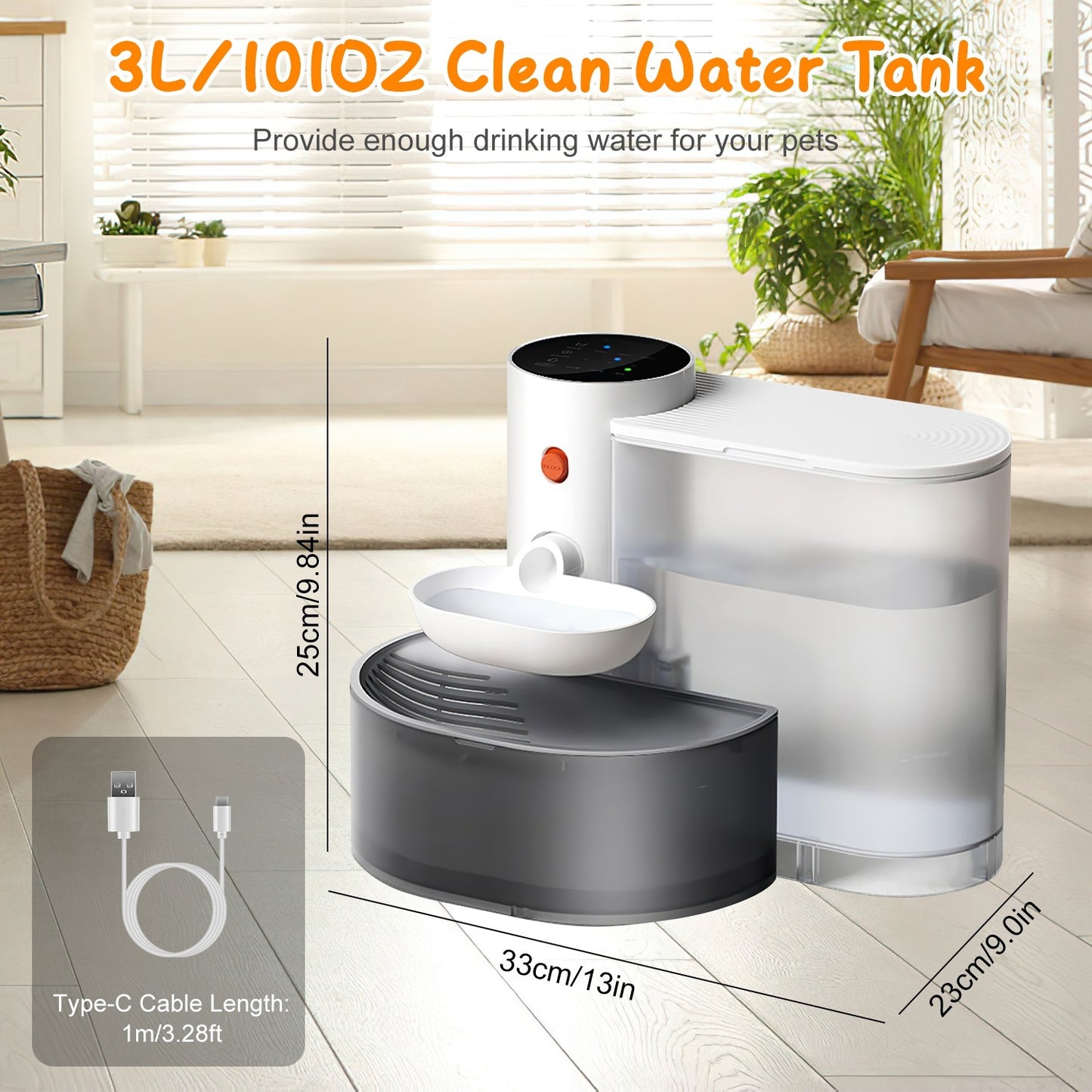 Smart Pet Water Fountain Automatic Cat Water Dispenser 3L Cordless Rechargeable Dog Water Fountain Self-Refill With 3 Adjustable Volume 3 Time Intervals Touch Control