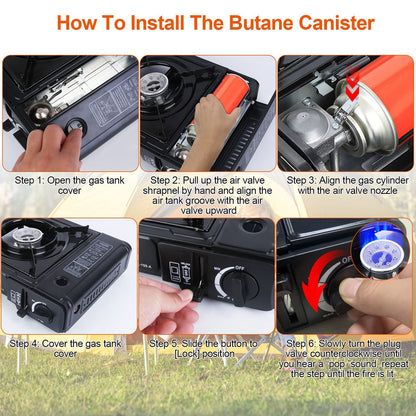 Portable Camping Stove Butane Canister Dual Fuel Burner Piezo Electric Ignition Single Burner With Automatic Tank Ejection Overpressure Cut Off Carry Case For Camping Hiking Picnic Fishing B