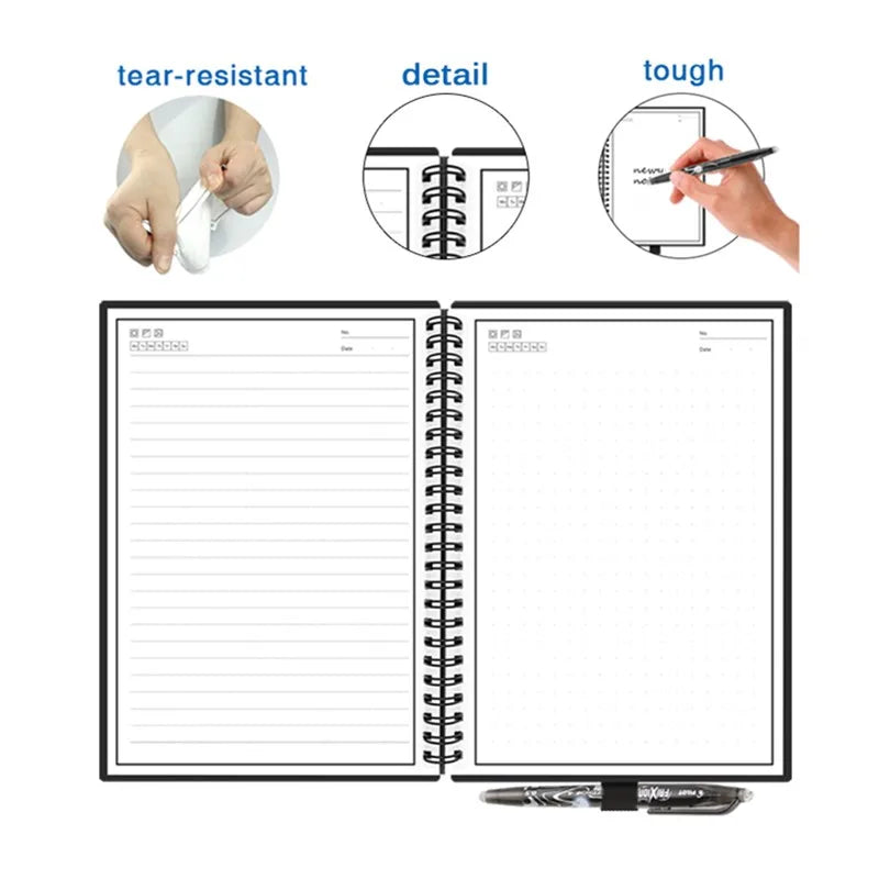 Smart Reusable Erasable Notebook Paper Erase Notepad Note Pad Lined with Pen Pocketbook Diary Journal Office School Drawing Gift