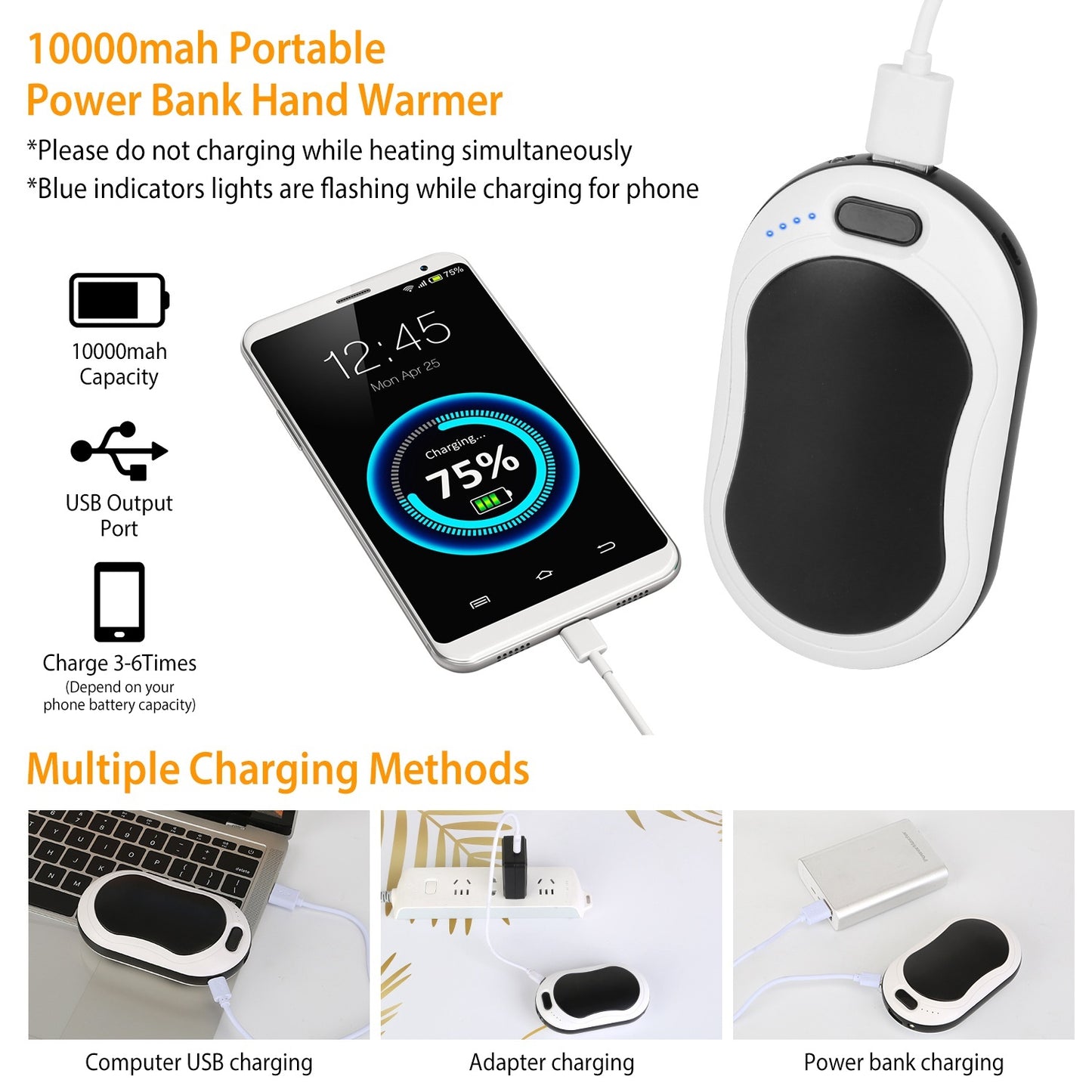 Portable Hand Warmer Power Bank Rechargeable Pocket Warmer Double-Sided Heating With Flashlight 3 Temperature Adjustment