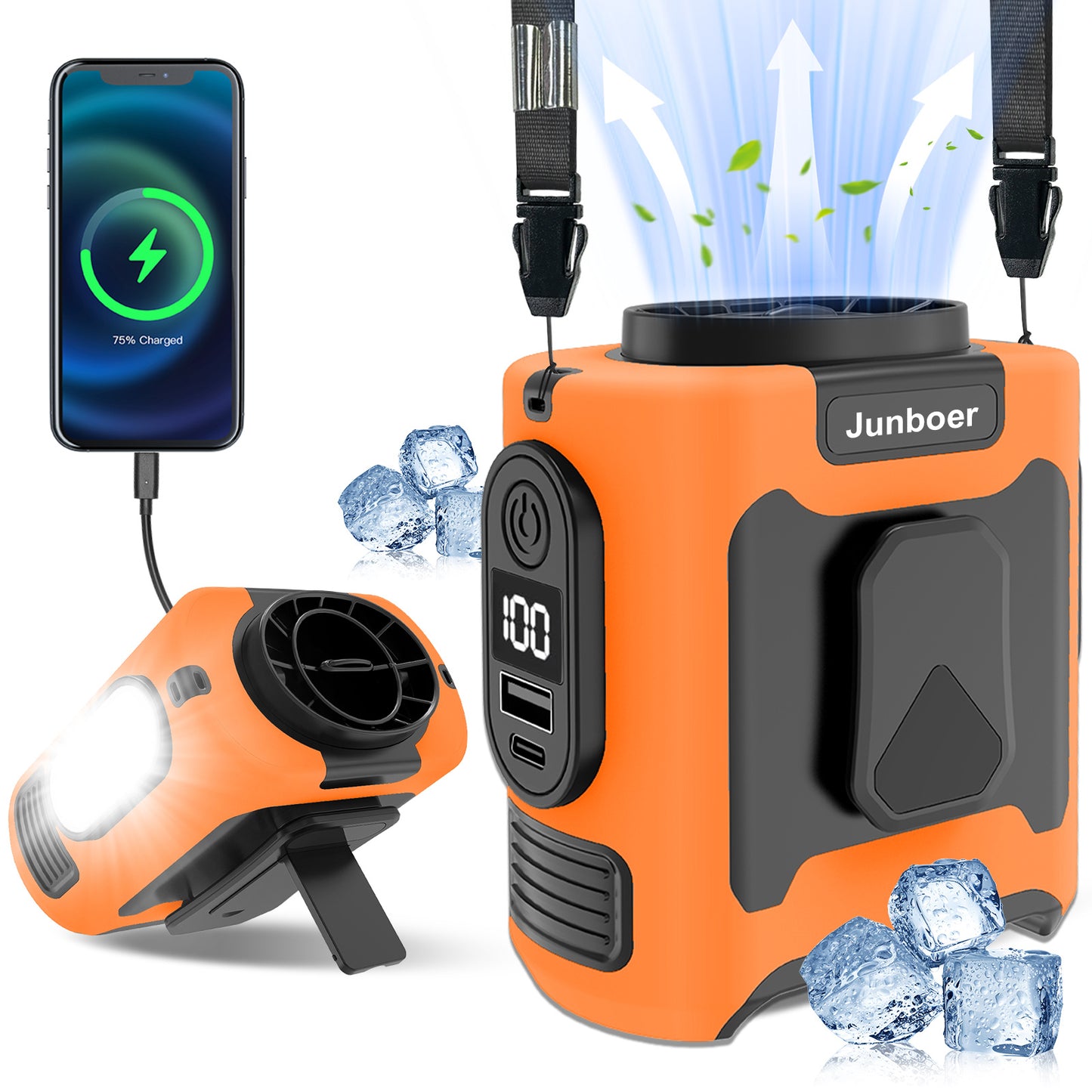 Clip On Wearable Belt Personal Fan, Rechargeable Battery Powered, With 5 Speed Levels And A Flashlight, Suitable For Outdoor Camping And Traveling Orange