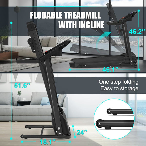 Compact Folding Treadmill For Home - 2.5HP Quiet Brushless Motor, 3-Level Incline, 7.5 MPH, Shock Absorption, Space-Saving Design For Running, Walking - Treadmill For Small Spaces & Home Use