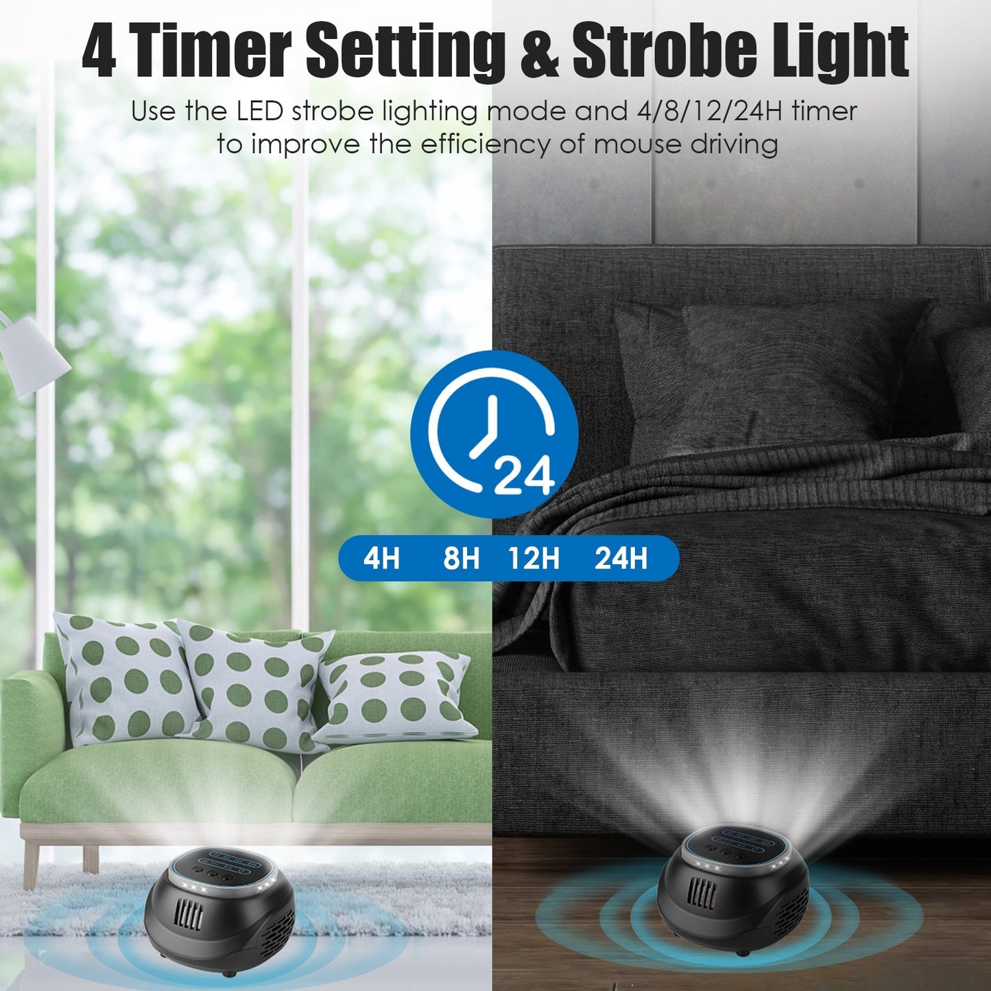 Ultrasonic Rodent Chaser Rat Repellent Pest Driver Mouse Control Squirrel Repeller With 4 Modes 4-65KHz Strobe Light 4 Timer 1292sq.ft. Coverage For Rodent Mouse Rats Squirrels Bats