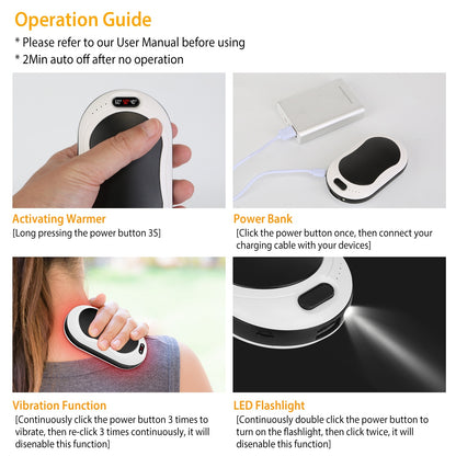 Portable Hand Warmer Power Bank Rechargeable Pocket Warmer Double-Sided Heating With Flashlight 3 Temperature Adjustment