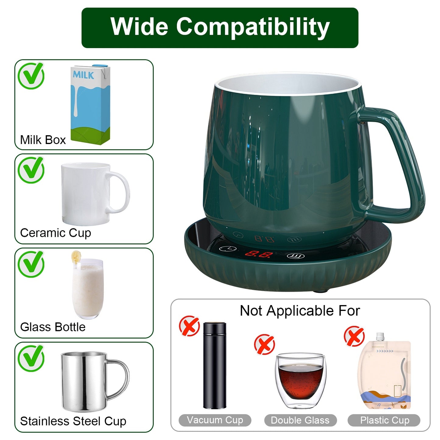 Desktop Electric Cup Warmer 8Hours Auto Off Overheating Protection Smart Timer Setting 2 Temperature Levels Ceramic Heating Panel For Office Home
