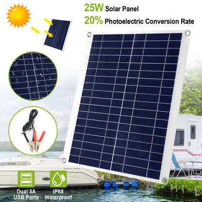 Outdoor Solar Panel 12V 25W Car Battery Charger IP68 Waterproof With 3.0A Dual USB Charging Clip Line For RV Car Boat