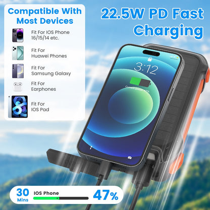 Portable Solar Charger 49800mAh Power Bank External Battery Pack 22.5W PD Fast Charging Built In 4 Cables 15W Wireless Charging LED Flashlight For Camping Hiking Picnic Travel